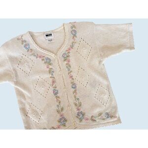 Vintage LESLIE FAY Floral Knit Cardigan Cottage Sweater 1980s Size XS